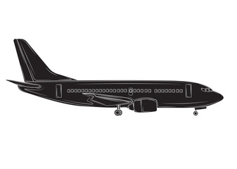 black silhouette Airplane in profile in isolate on a white background. Vector illustration.