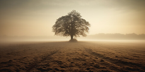 A large sprawling tree standing alone in the steppe in the morning mist and rays of light. Generative AI