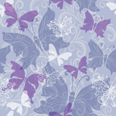 Vector seamless delicate silvery pattern with flying butterflies