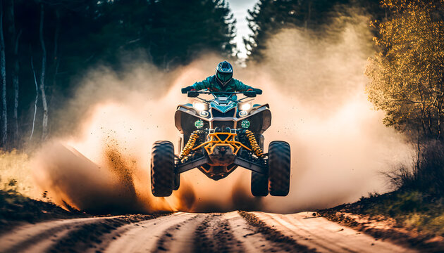 Extreme sport activities theme. Man jumping atv vehicle on offroad track in touristic tour. Generation AI