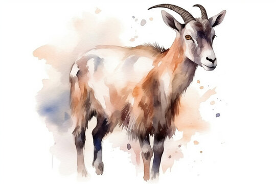 Goat, Animal, Watercolor Illustration Isolated On White Background, Made Using Generative Ai