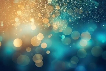Bokeh style golden orange and deep blue illustration of glitter emerald background, festive atmosphere - created with generative AI technology