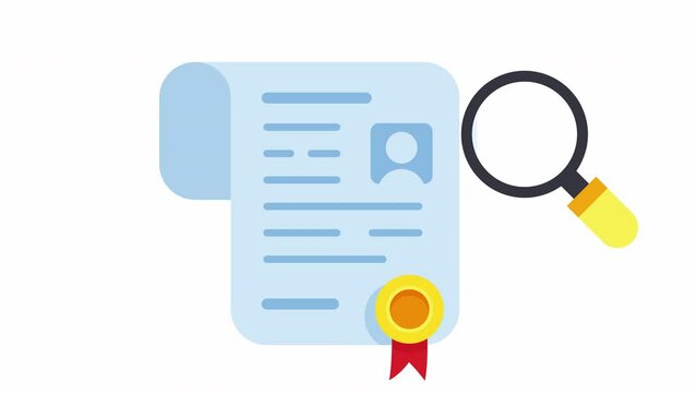 Animation of candidate's document verification. Document inspection or certificate evaluation concept. 