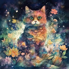 watercolor mysterious cat Generative Ai