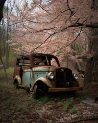 Obraz na płótnie Canvas A rusty jeep is ly visible beneath the canopy of a flowering dogwood tree its branches reaching down to cover its Abandoned landscape. AI generation.