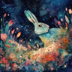 Fototapeta na wymiar watercolor mysterious rabbit Generative Ai