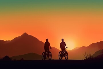 Fototapeta na wymiar Backpacker family ride a bike on the road at sunset go to the mountain, behind view, silhouette, AIi generated