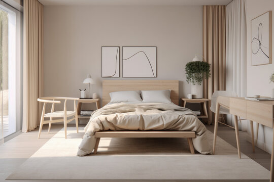 Fototapeta Serenity of Scandinavian Style Bedroom with Natural Wood Furniture and Beige Color Scheme, A Generative AI Mockup, Generative AI.