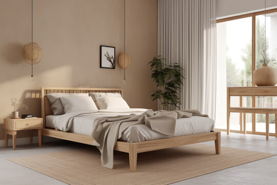 Fototapeta Serenity of Scandinavian Style Bedroom with Natural Wood Furniture and Beige Color Scheme, A Generative AI Mockup, Generative AI.