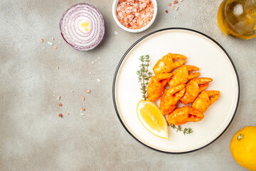 crab sticks seafood semi-finished fish mince on a light background, place for text