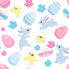 Fototapeta na wymiar Happy Easter seamless pattern, cute blue bunnies and Easter eggs and yellow chickens, bugs