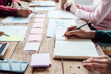 Focus on Hands. Office Conference Room Business People Meeting at Big Table. Diverse Team of...