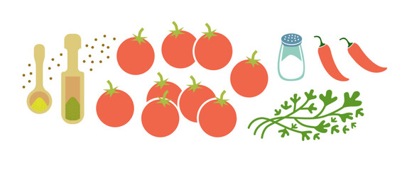 Satsebeli sauce fresh ingridients set. Tomato sause making. Flat vector illustration isolated on white background.