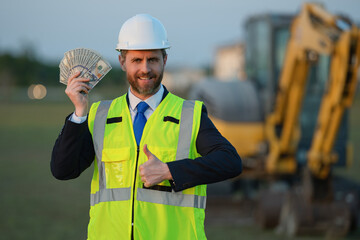 inspector man with money budget outdoor, thumb up. inspector man with money budget