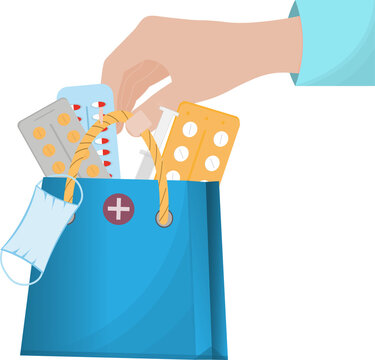 A Hand With Bag, Parcel Of Medical Pills, Thermometer, Vitamins And Other Medicines Buying Pharmacy Online Concept, Online Delivery Concept, Flat Vector Illustration