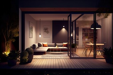 Une vue nocturne de l'intérieur contemporain du patio confortable, generative ai