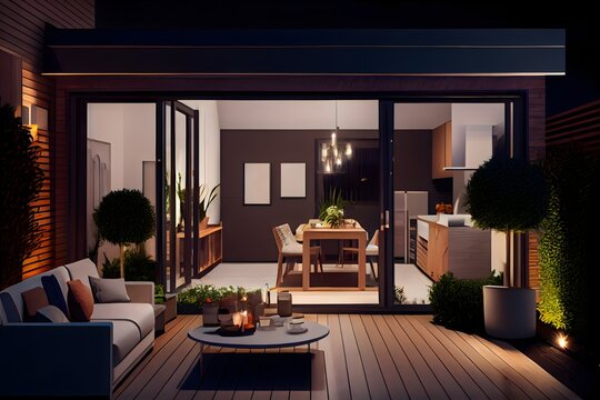 Une vue nocturne de l'intérieur contemporain du patio confortable, generative ai