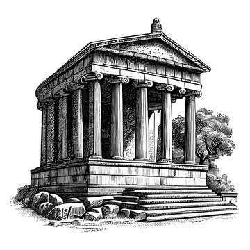 Victorian engraving of a Greek temple. Digitally image in style from a mid-19th century Encyclopaedia, ai generation