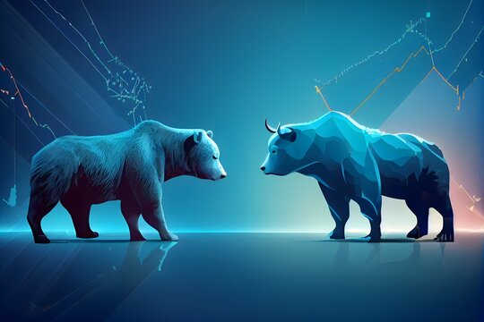 Bullen- vs. B&auml;renmarkt auf dunkelblauem Hintergrund, generative ai