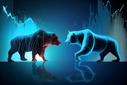 march&eacute; haussier contre march&eacute; baissier sur fond bleu fonc&eacute;, generative ai
