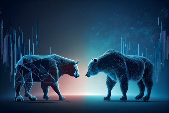 march&eacute; haussier contre march&eacute; baissier sur fond bleu fonc&eacute;, generative ai