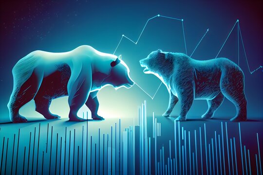 march&eacute; haussier contre march&eacute; baissier sur fond bleu fonc&eacute;, generative ai