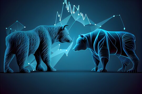 march&eacute; haussier contre march&eacute; baissier sur fond bleu fonc&eacute;, generative ai