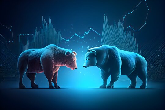 march&eacute; haussier contre march&eacute; baissier sur fond bleu fonc&eacute;, generative ai