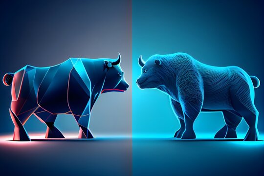 march&eacute; haussier contre march&eacute; baissier sur fond bleu fonc&eacute;, generative ai