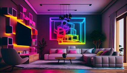 Salon moderne avec lumière led néon, generative ai