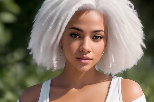 Sexy African woman with white lush afro textured kinky hair or long curly African dreadlocks wearing white clothes outdoors on a sunny day. Generative AI.