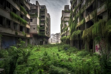 Fototapeta premium abandoned buildings in the middle of the city with grass and plants. AI Generated