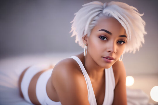 Sexy woman with white lush afro textured kinky hair or short curly african dreadlocks in white lingerie lying on bed in bedroom. Generative AI.