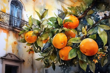Watercolor painting featuring a beautiful arrangement of various fruits, generative AI