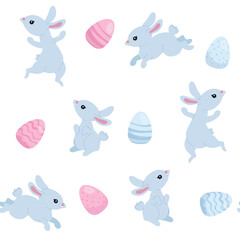 Happy Easter seamless pattern, cute blue bunnies and Easter eggs