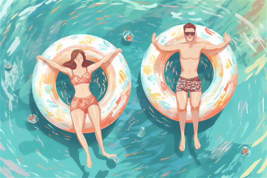 relaxing couple in swimming suits at an inflatable ring in the pool. summer holiday