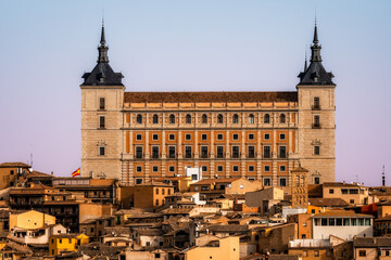 Fototapeta na wymiar View of The Alcazar of Toledo. It is a stone renaissance fortification located in the highest part of Toledo. During the Spanish Civil War, Nationalist army held the building against overwhelming Span