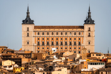 Fototapeta na wymiar View of The Alcazar of Toledo. It is a stone renaissance fortification located in the highest part of Toledo. During the Spanish Civil War, Nationalist army held the building against overwhelming Span