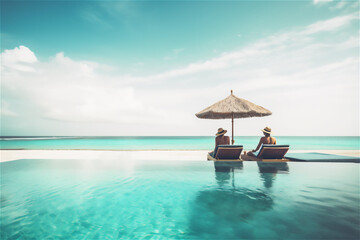 couple luxury infinity pool on deck chair under beach umbrella. relaxing with refreshing in tropical