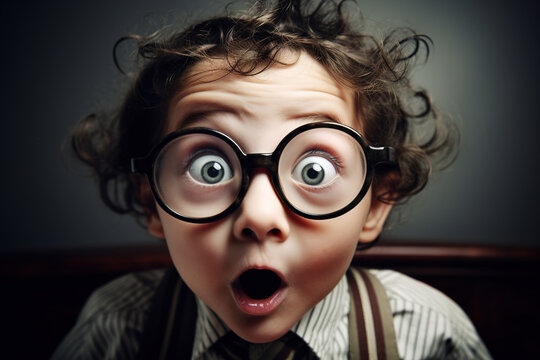 A surprised boy with glasses makes a strange expression of satisfaction, big eyes and an open mouth. Surprise, happiness and amazement concept. generative ai