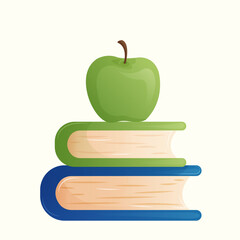A stack of two multicolored simple cartoon books and a green apple on top. Eco wrendly and healthy lifestyle. Greeting square postcard for World Book Day without text