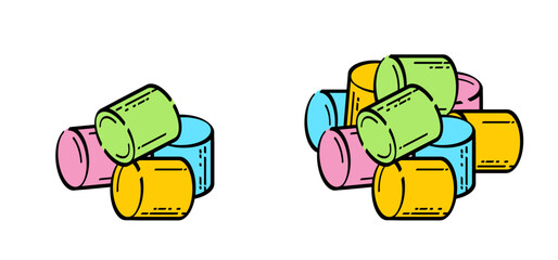 Drawing cartoon sugar marshmallow, line pattern. Sweet marshmallow for bbq, cooking icon or symbol. Delicious, tasty white marshmallows. Eating roasted candies sweets.