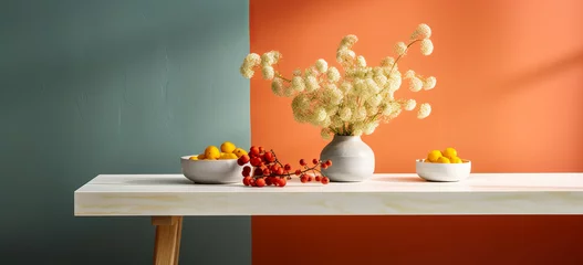 Fotobehang Mesa moderna contra pared brillante, minimalista, simple jarrón de flores, moderno, espacio para copiar, creado con ai © Enrique