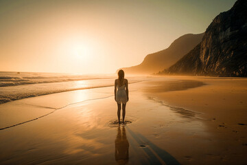 Fototapeta na wymiar person walking on beach at sunset, Generative AI.