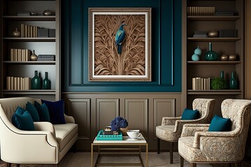 Living room - Taupe space, blue, Caribbean, peacock and White