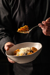 Tasty ravioli with parmesan. home cooking concept. vertical image. top view. place for text