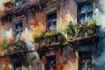old house in the city, abstract watercolor painting, generative AI