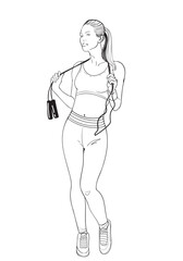 Athletic girl with jump rope. Linear black and white illustration. Girl in tracksuit and trainers. 