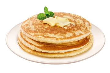 panquecas americanas com manteiga e hortelã em prato de porcelana em fundo transparente - Crepe com manteiga