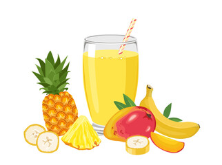 Tropical smoothie with pineapple, banana and mango. Healthy drink in glass isolated on white. Vector cartoon illustration.
